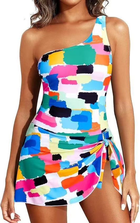 🏆Only £12.99 Last Day Promotion!🎁 👙⛱️ One Shoulder Skirted One Piece Swimsuit